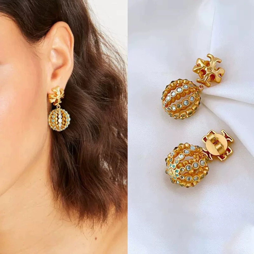 Tory Burch Acrylic Round Ball Metal Drop Earrings